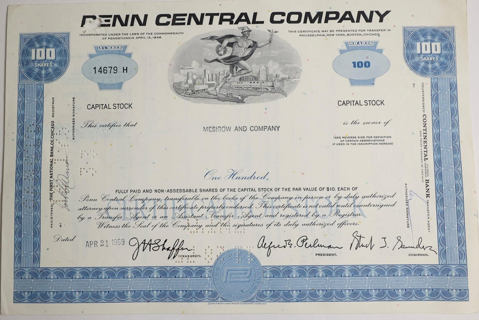 Penn Central Company Stock Certificate: This is a collectible blue Penn Central Company stock certificate- 100 shares , issued for one hundred shares on April 21, 1969.