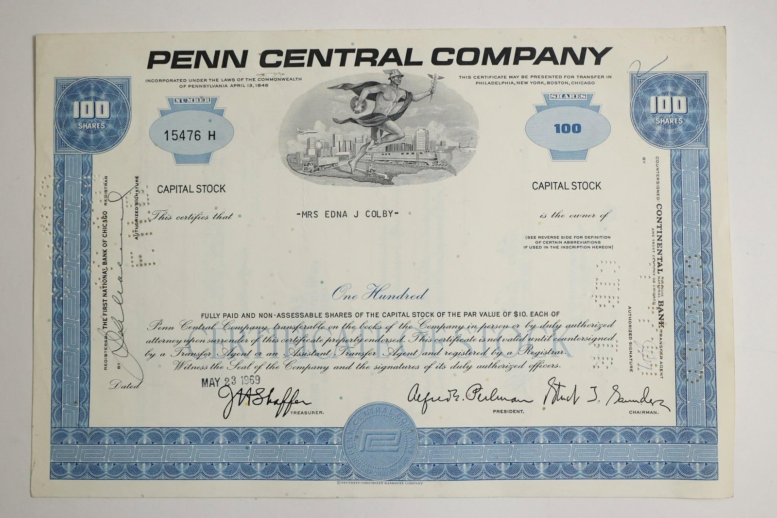Penn Central Company Stock Certificate (1 of 2)