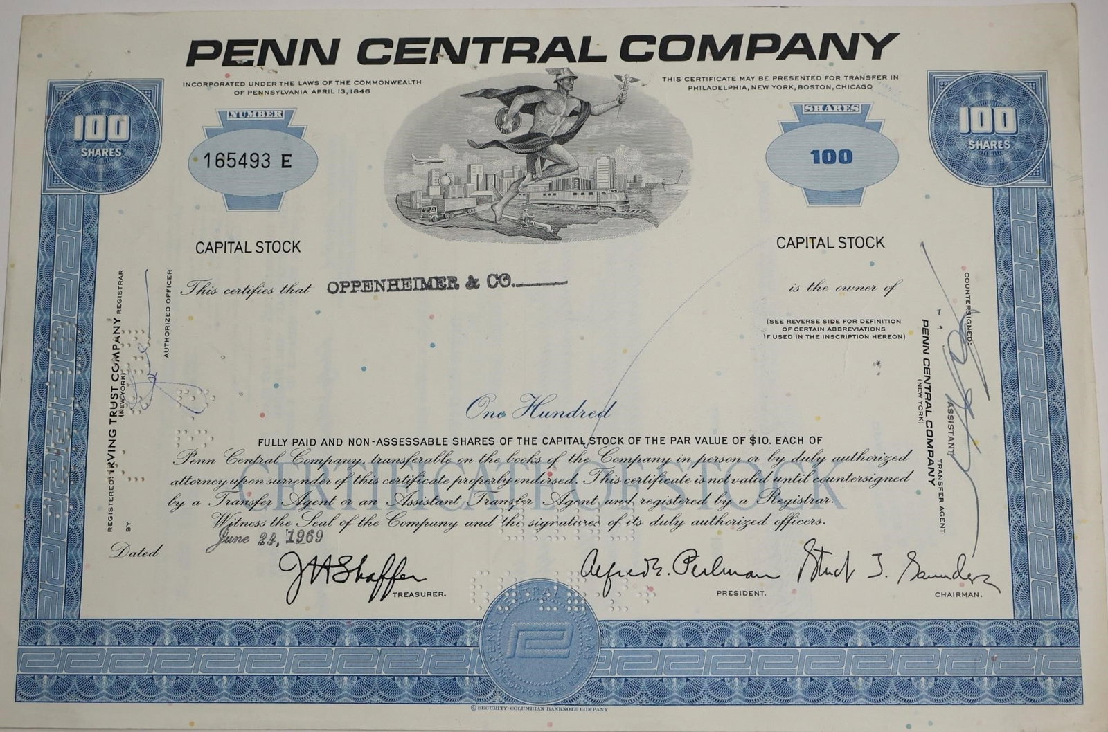Penn Central Company 100-Share Stock Certificate: A 100-share stock certificate for the Penn Central Company, issued on June 24, 1969, showcasing classic mid-20th-century design and official signatures.