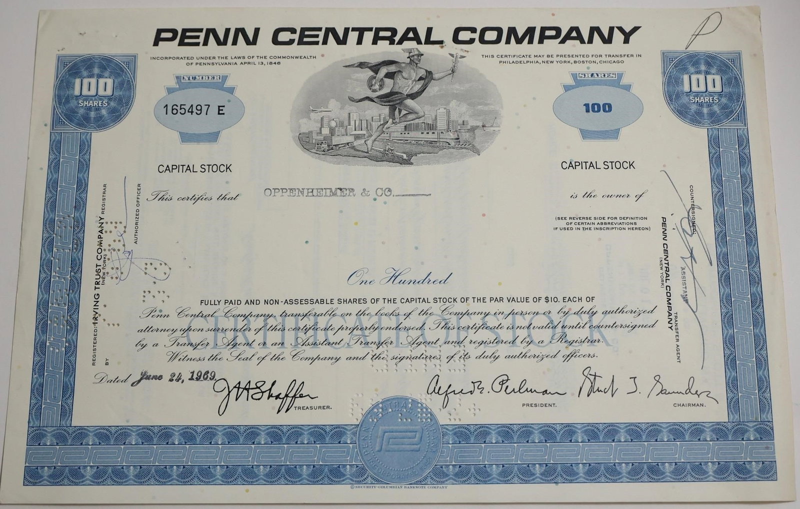 Penn Central Company 100-Share: A collectible common stock certificate representing 100 shares of the Penn Central Company, featuring traditional engraved artwork and signatures.