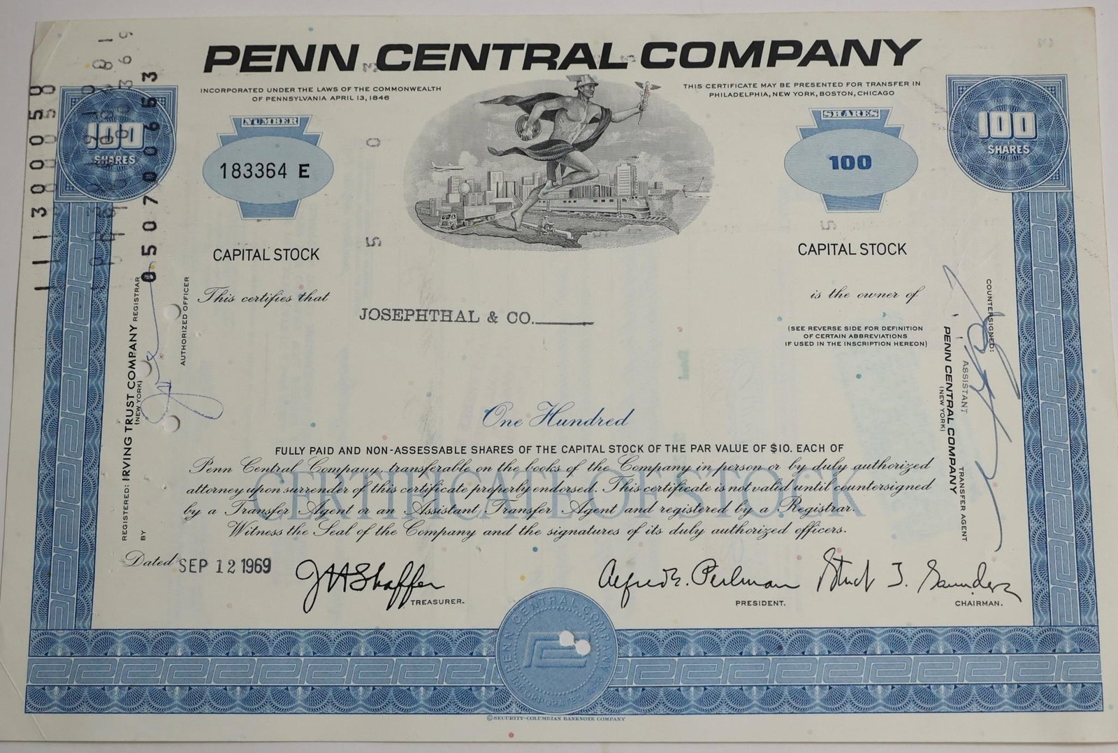 Penn Central Company 100-Share Stock Certificate: A vintage 100-share stock certificate from the Penn Central Company, dated September 12, 1969, featuring classic engraved artwork and signatures.
