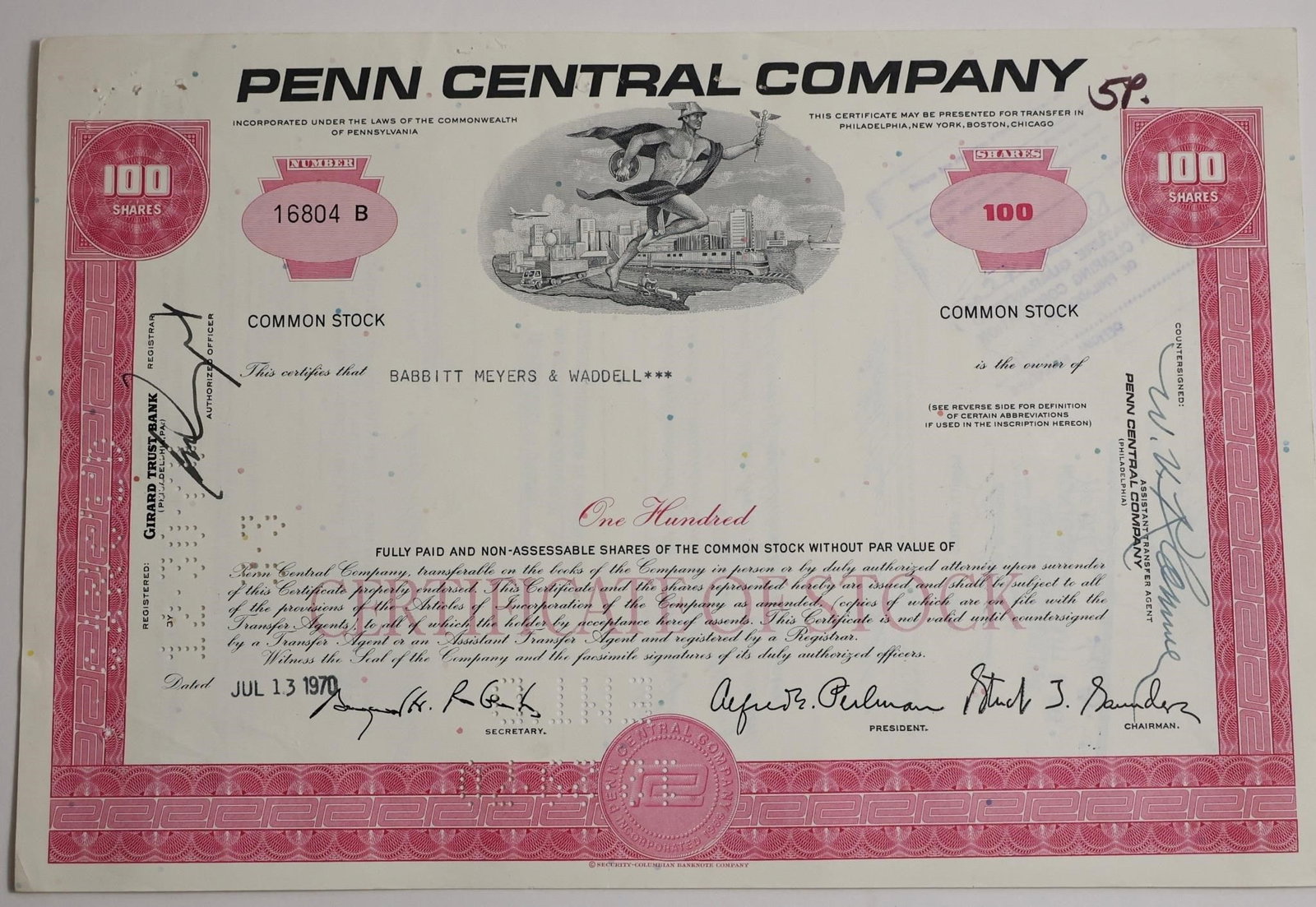 Penn Central Company Stock Certificate: A collectible stock certificate from the Penn Central Company, dated July 13, 1970. The certificate represents shares in the company formed by the 1968 merger of the Pennsylvania Railroad and New