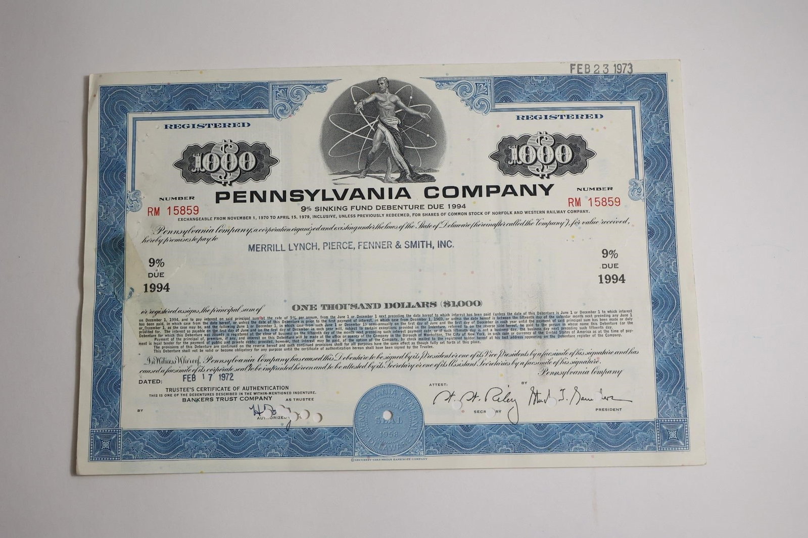 Pennsylvania Company $1,000 9% Sinking Fund: A $1,000 9% Sinking Fund Debenture Certificate from the Pennsylvania Company, dated February 17, 1972, due in 1994, issued to Merrill Lynch, Pierce, Fenner & Smith, Inc., featuring official signatures