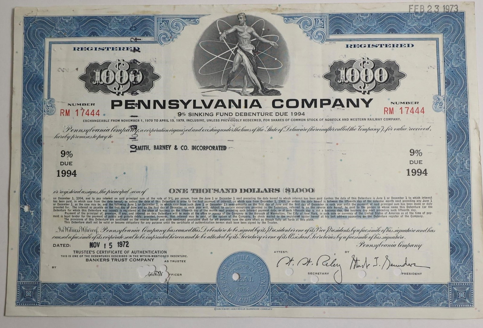 Pennsylvania Company $1,000 9% Sinking Fund: A collectible $1,000 9% Sinking Fund Debenture Certificate from the Pennsylvania Company, valued for its historical significance and engraving, and not representing any ownership or financial rights i