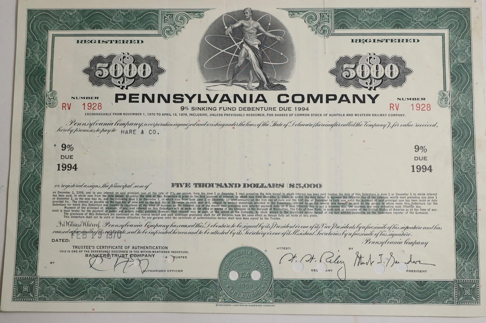 Pennsylvania Company $5,000 9% Sinking Fund: A $5,000 9% Sinking Fund Debenture bond certificate from the Pennsylvania Company, likely issued in 1970 or 1971 and due in 1994, valued today as a historical collectible.