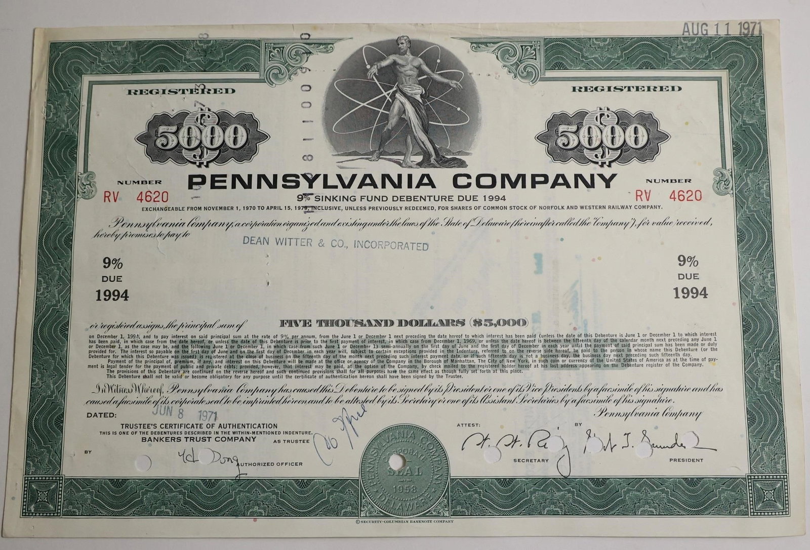 Pennsylvania Company $5,000 Sinking Fund: A $5,000 Sinking Fund Debenture bond certificate from the Pennsylvania Company, issued in 1971 and due in 1994, valued today as a historical collectible.