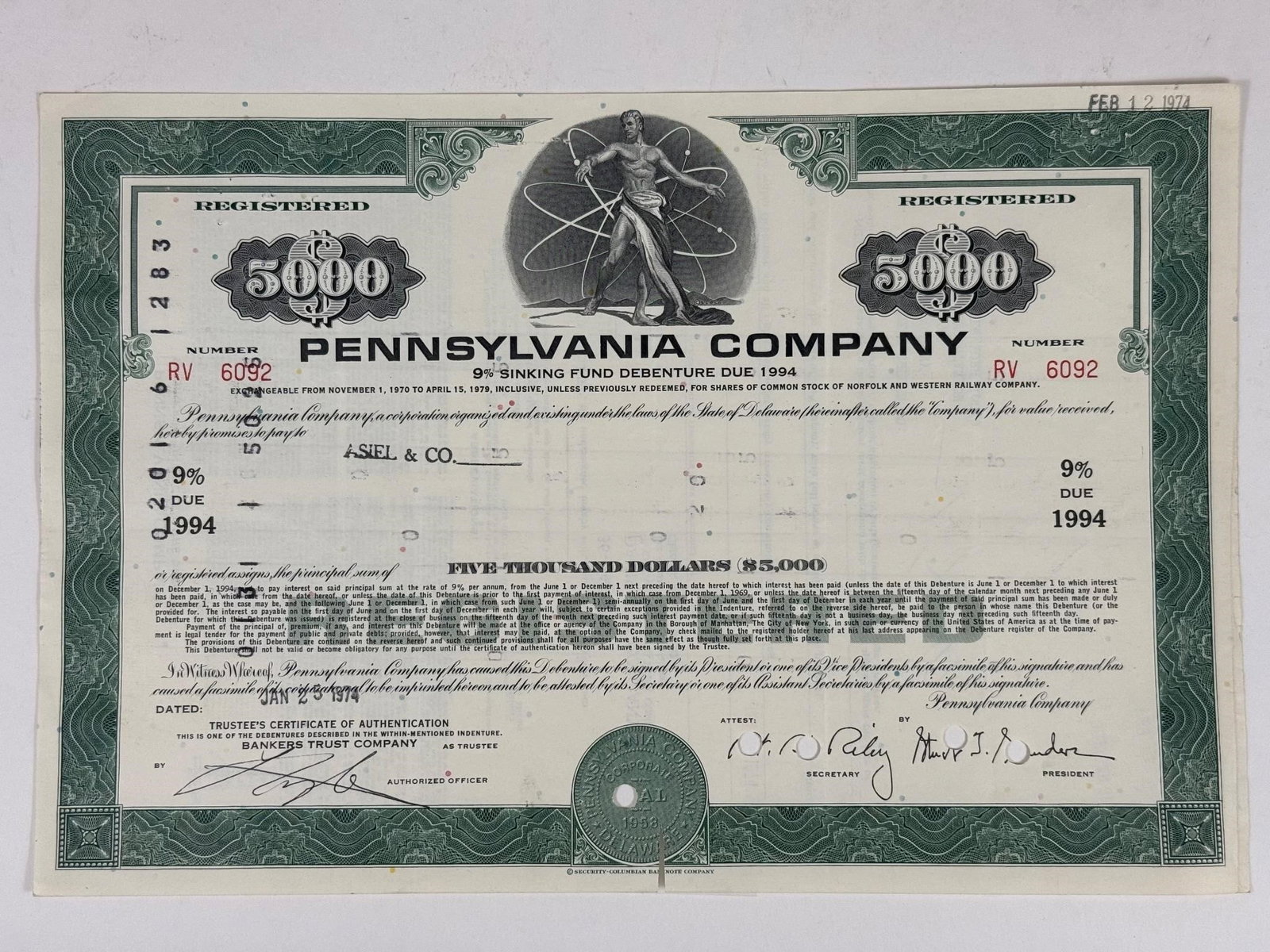 Pennsylvania Company $5,000 9% Sinking: A $5,000 9% Sinking Fund Debenture bond certificate from the Pennsylvania Company, due in 1994, collected today for its historical and railroad memorabilia value.