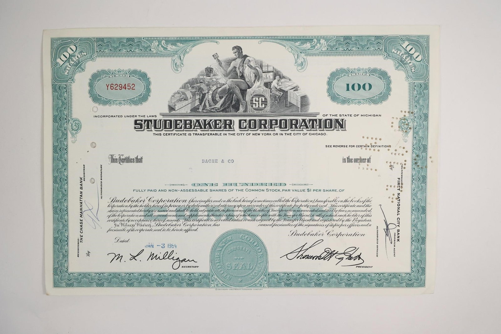 Studebaker Corporation 100-Share Stock Certificate (1 of 2)