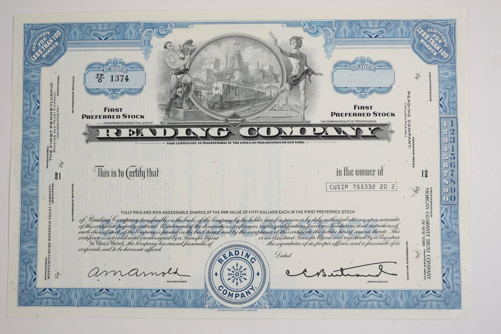 Reading Company First Preferred Stock Certificate: Original First Preferred Stock Certificate from the Reading Company (pronounced "Redding"), one of the earliest railroad companies in the United States. A historic railroad and Americana