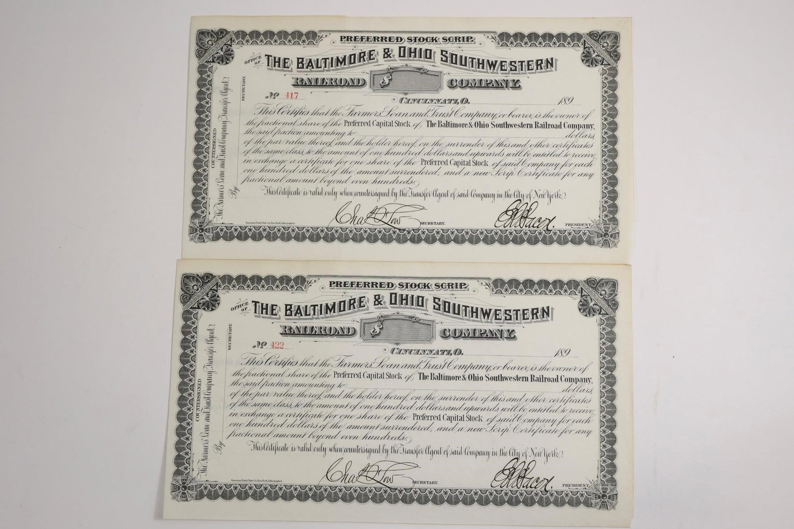 B&O Southwestern Railroad 1890s Preferred Scrips: Two preferred stock scrip certificates from the Baltimore & Ohio Southwestern Railroad Company, 1890s. Popular collectibles for scripophily and historical finance enthusiasts.