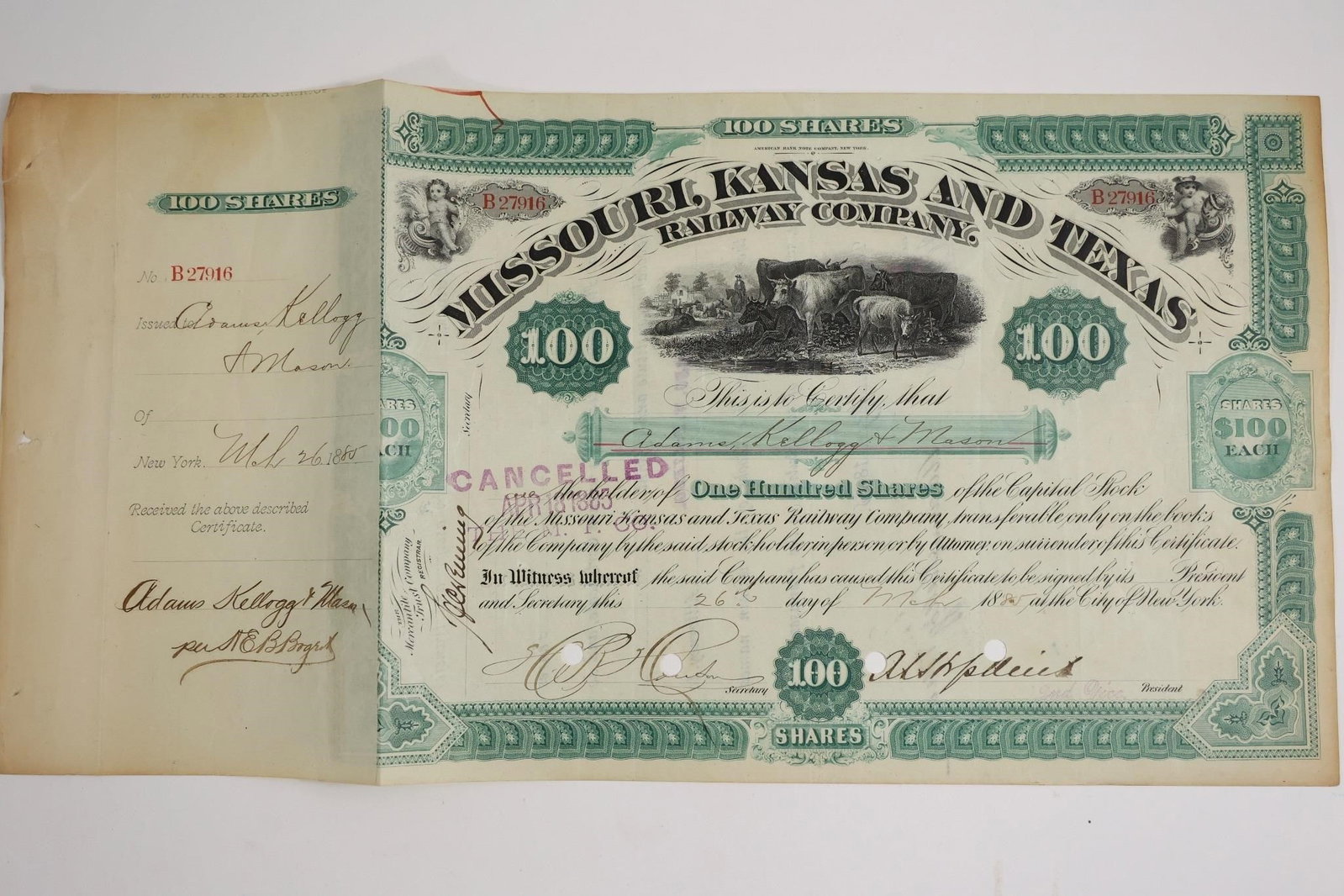 Missouri, Kansas & Texas Railway 100-Share Stock: 100-share stock certificate from the Missouri, Kansas & Texas Railway Company, dated April 18, 1883.