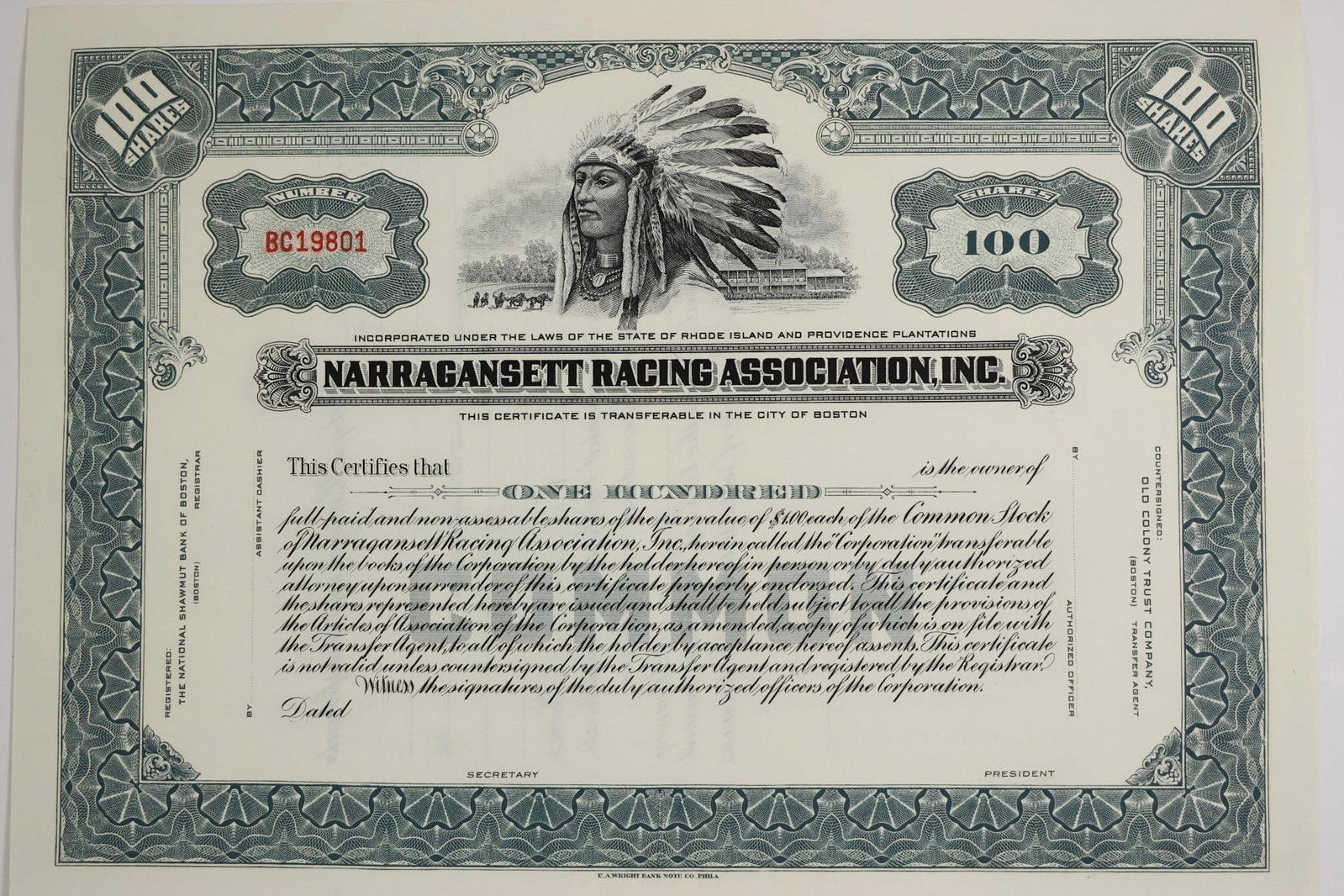 Narragansett Racing Association 100-Share: Unissued stock certificate for 100 shares of common stock, $100 par value, from Narragansett Racing Association, Inc.