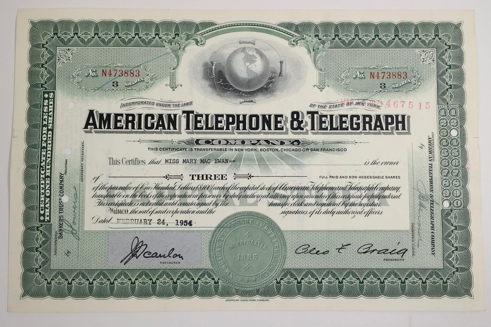 AT&T Stock Certificate (1 of 2)