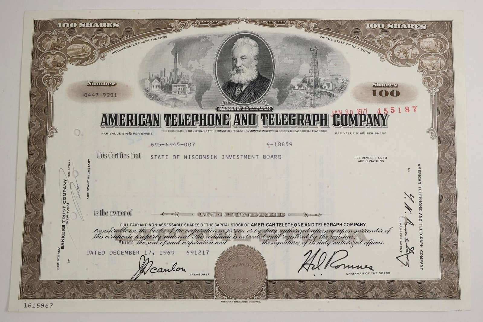 AT&T 100-Share Stock Certificate: American Telephone and Telegraph Company stock certificate for 100 shares.