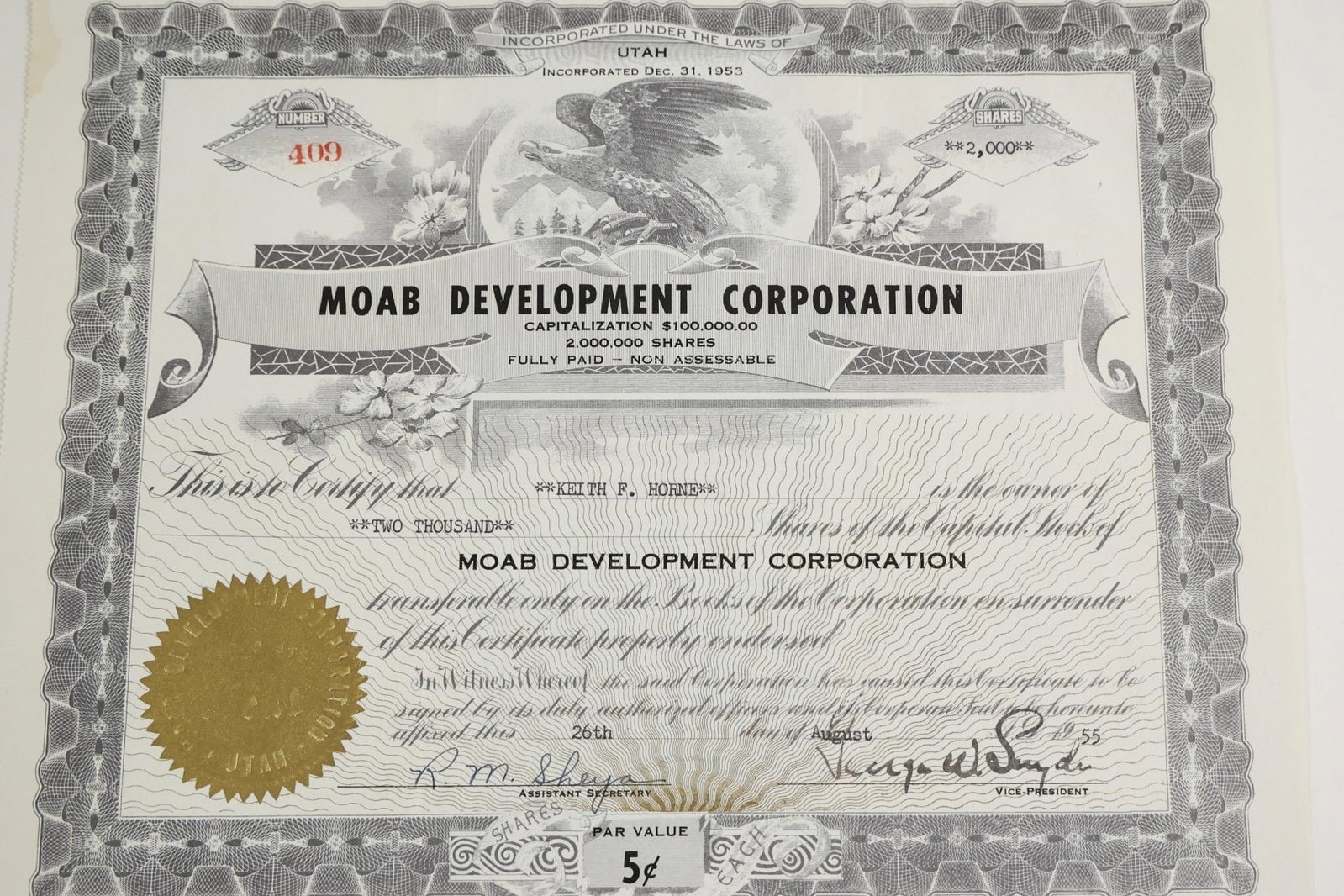 1955 Moab Development Corp Stock Certificate: Vintage Moab Development Corporation stock certificate issued in 1955 to Keith F. Horne for 2,000 shares. The company was incorporated under the laws of Utah on December 31, 1953.