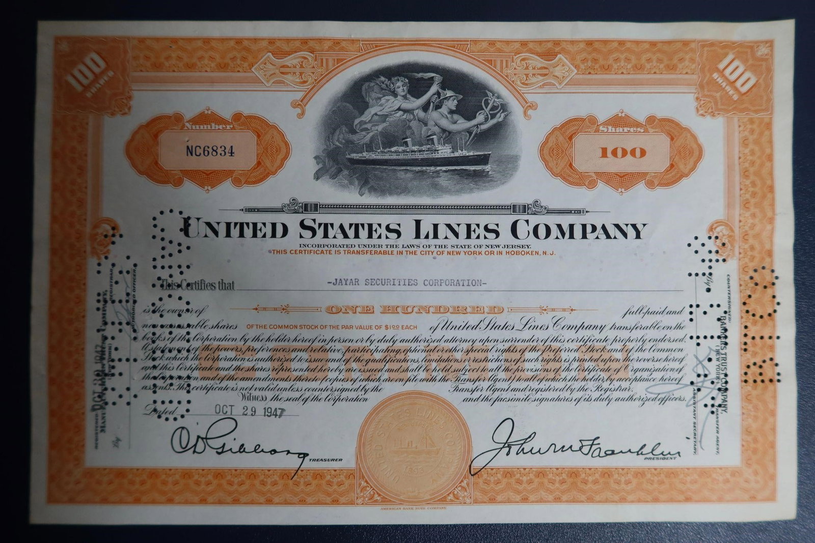100-share US Lines Co. Stock Certificate (1 of 2)