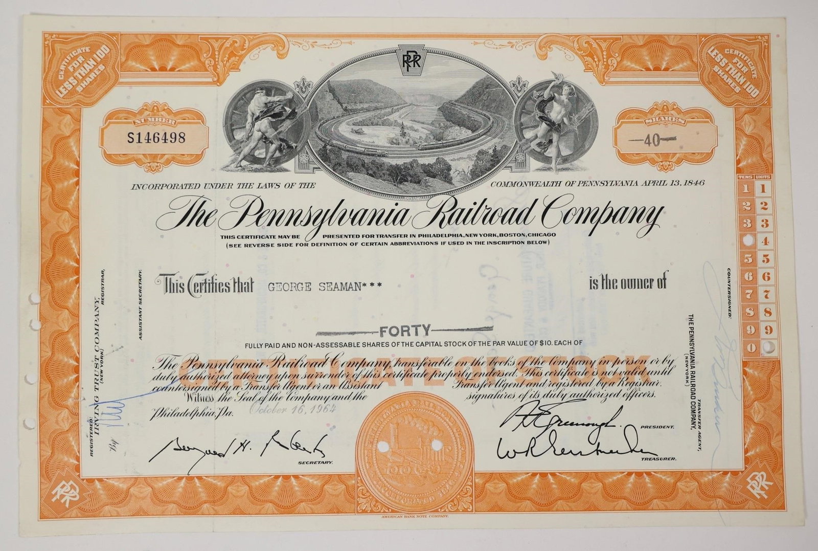 Pennsylvania Railroad Stock Certificate 1960: Cancelled stock certificate from Pennsylvania Railroad Company. Collectible item featuring an engraving of the historic Horseshoe Curve, a significant engineering feat that helped the railroad conquer