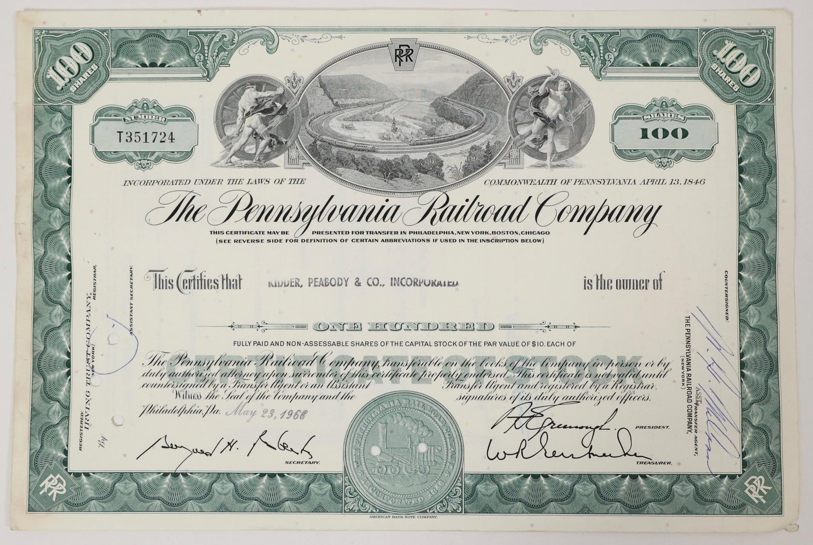 Pennsylvania Railroad Stock Certificate 1968 (1 of 2)