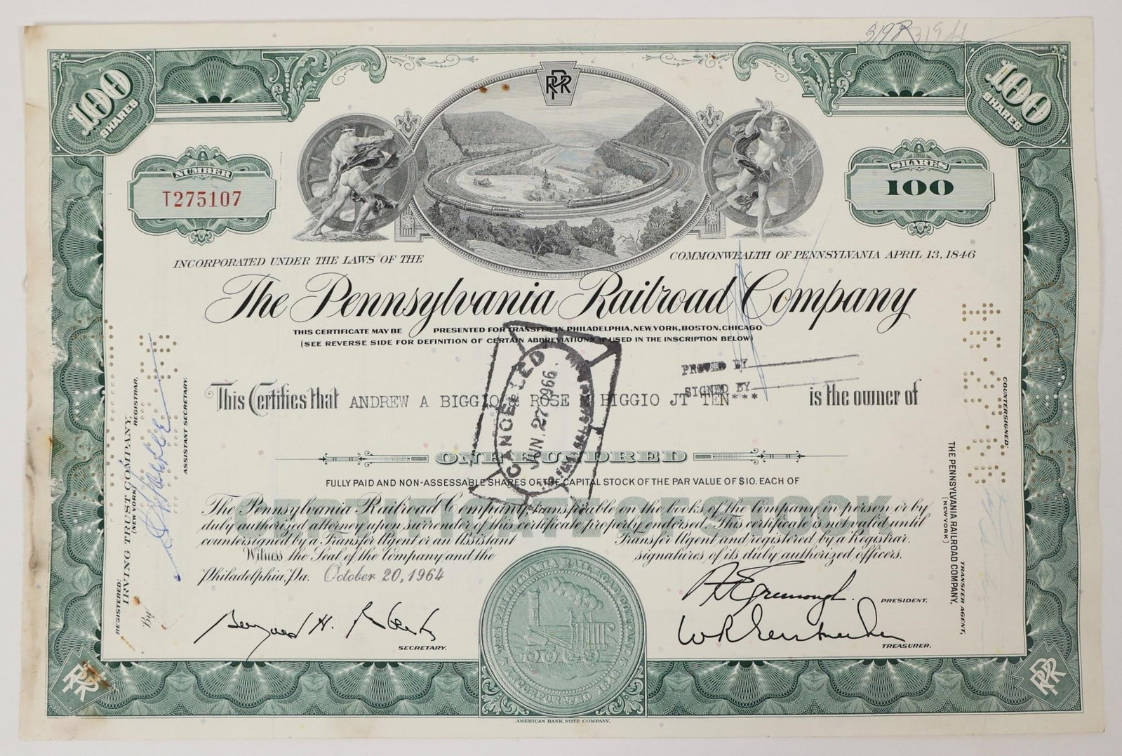 Pennsylvania Railroad Stock Certificate 1964: Vintage green Pennsylvania Railroad Company stock certificate for 100 shares. The certificate was issued on October 20, 1964, to Andrew A. Biggio and Rose Higgio.