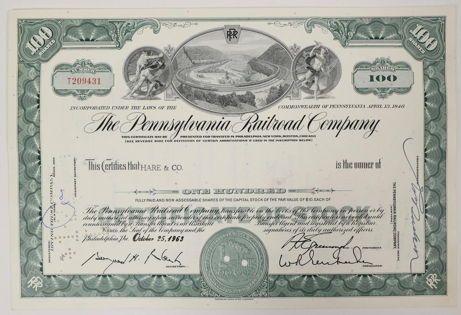 Pennsylvania Railroad Stock Certificate 1963: Original Pennsylvania Railroad Company 100-share stock certificate, issued in green ink. It was issued to "HARE & CO." and dated October 25, 1963, in Philadelphia, PA.