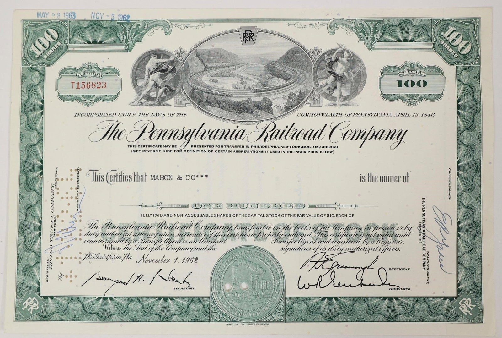 Pennsylvania Railroad Stock Certificate 1962 (1 of 2)