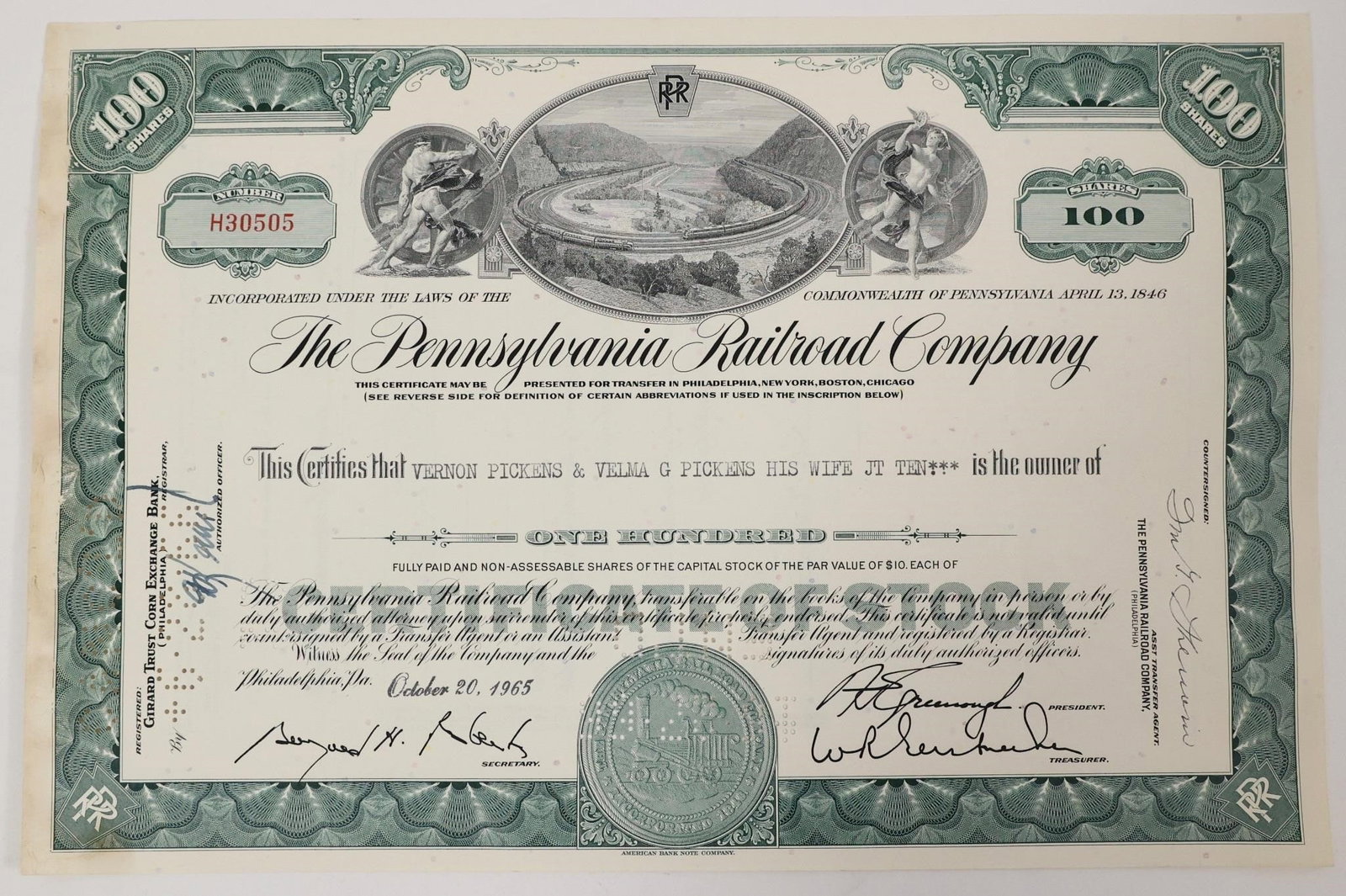 Pennsylvania Railroad Stock Certificate 1965: Collectible 100-share Pennsylvania Railroad Company stock certificate, issued on October 20, 1965.