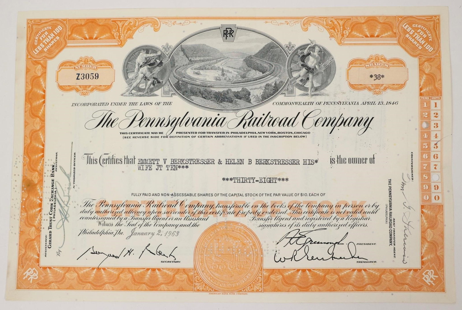 Pennsylvania Railroad Stock Certificate 1963: Vintage Pennsylvania Railroad Company stock certificate. The certificate is for thirty-eight fully paid and non-assessable shares of capital stock, with a par value of $10 each. It features an ornate 