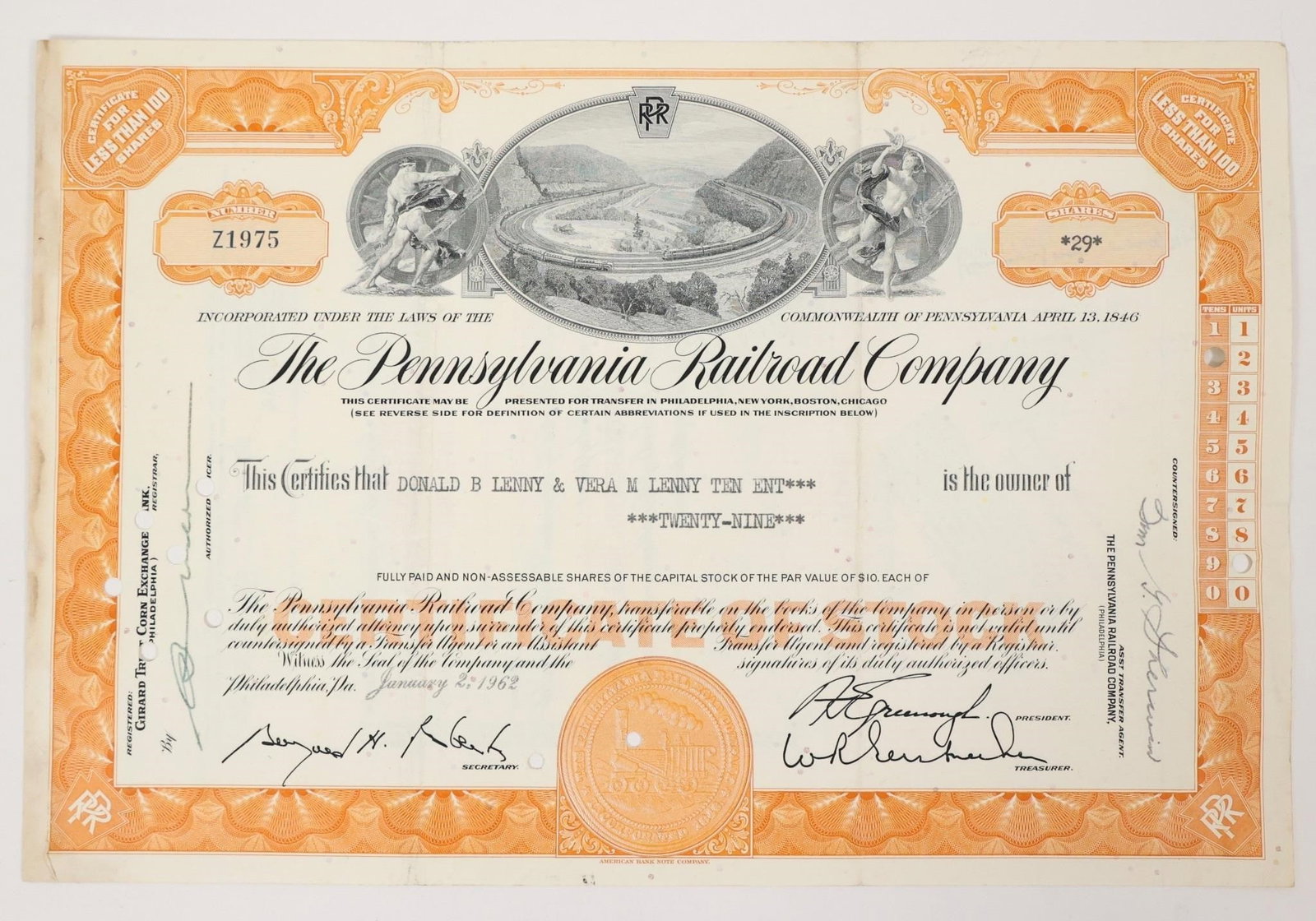 Pennsylvania Railroad Stock Certificate 1962: Collectible stock certificate from The Pennsylvania Railroad Company, issued on January 27, 1962.