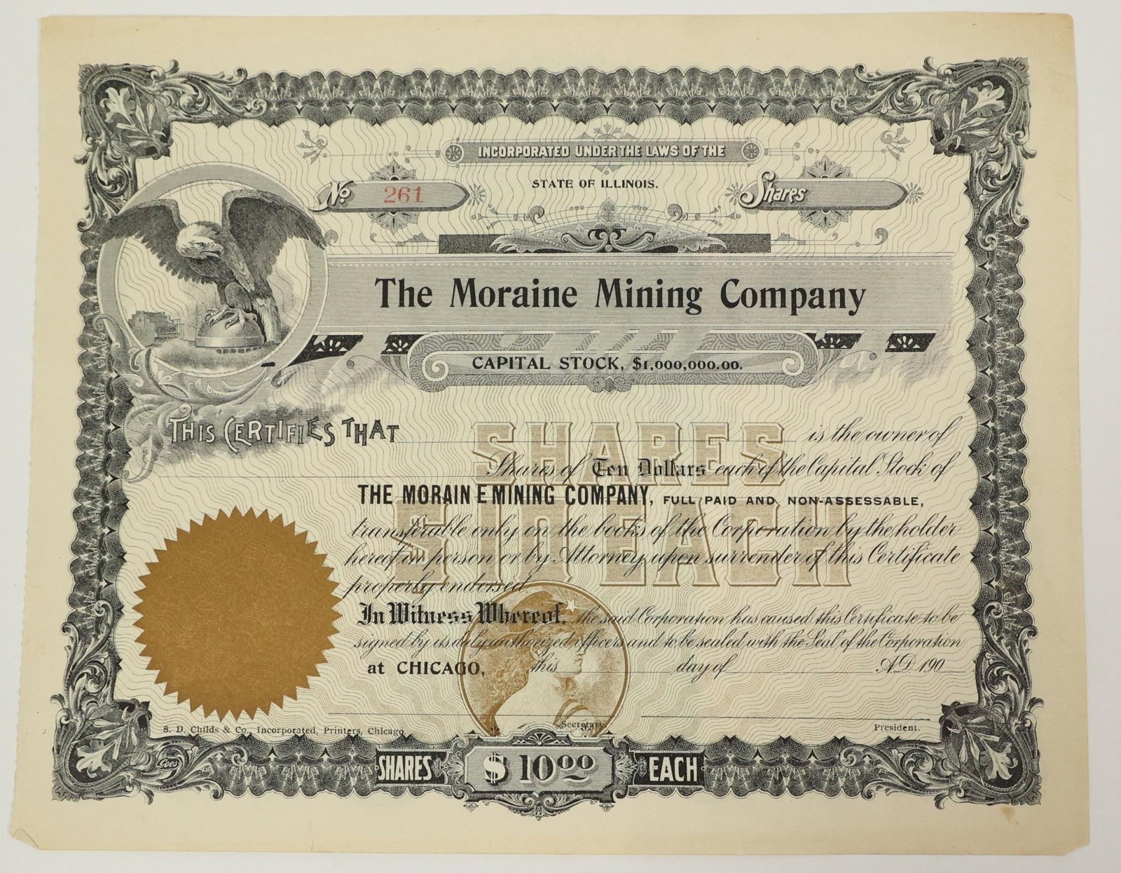 Moraine Mining Company Stock Certificate 190_: Unissued, uncancelled stock certificate for The Moraine Mining Company, incorporated in Illinois in 190_. With no date