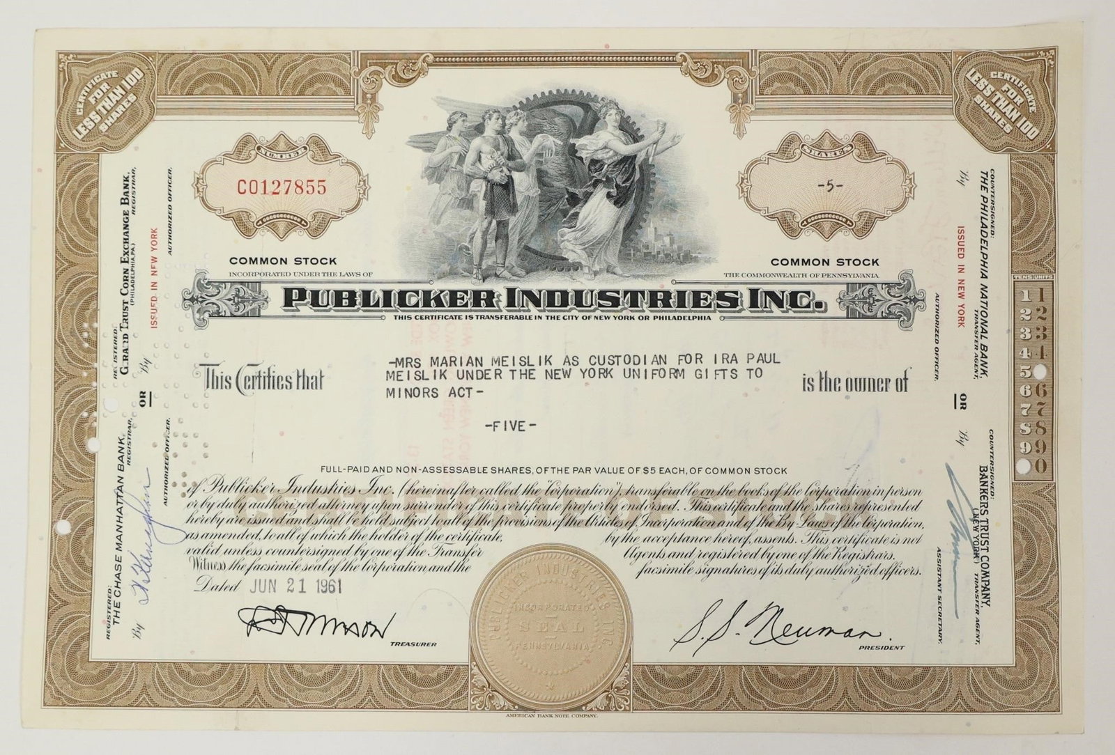 Publicker Industries Stock Certificate 1961: Collectible stock certificate for Publicker Industries Inc. June 21, 1961.