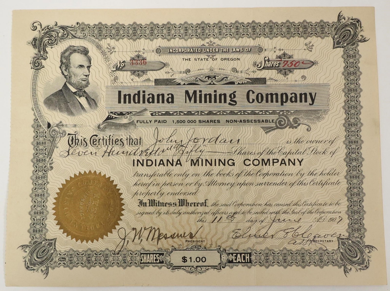 Indiana Mining Company Stock Certificate 1907 (1 of 2)