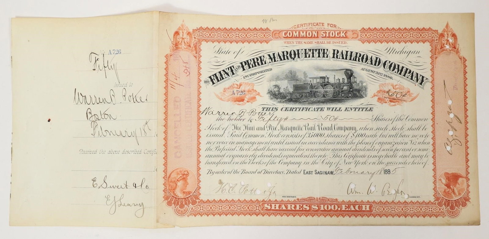 Flint & Pere Marquette Railroad Stock Certificate (1 of 2)