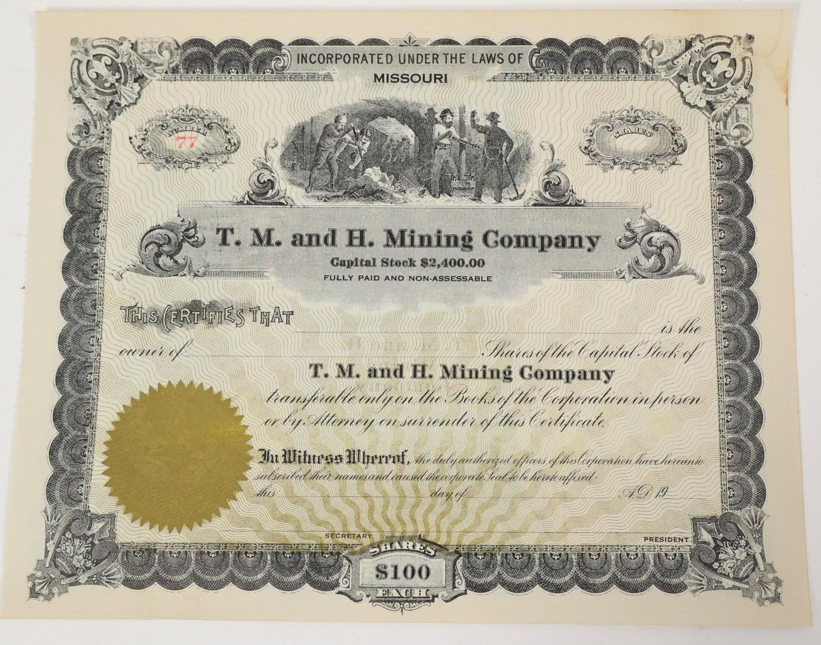T. M. and H. Mining Company Stock Certificate: Unissued T. M. and H. Mining Company stock certificate, incorporated under the laws of Missouri. It is considered a collectible, specifically a type of historical financial document known as scripophi
