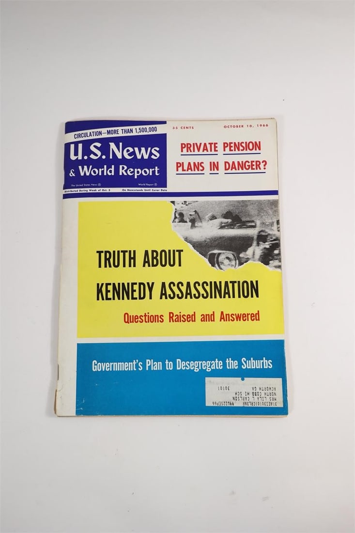 U.S. News Kennedy Assassination 1966: U.S. News & World Report magazine (35 cents) with the cover reading "Truth About Kennedy Assassination - Questions Raised and Answered," along with "Private Pension Plans in Danger?" and "Government's