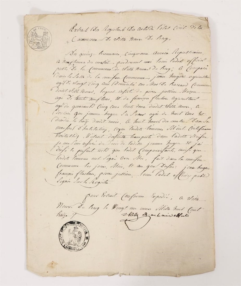 Year VIII French Revolutionary Death Record: Revolutionary civil status record - authentic copy.Extract from the civil status registerMunicipality of Villeneuve-de-Berg (Ardèche)This is a certified true copy of a death certificate, issued by th