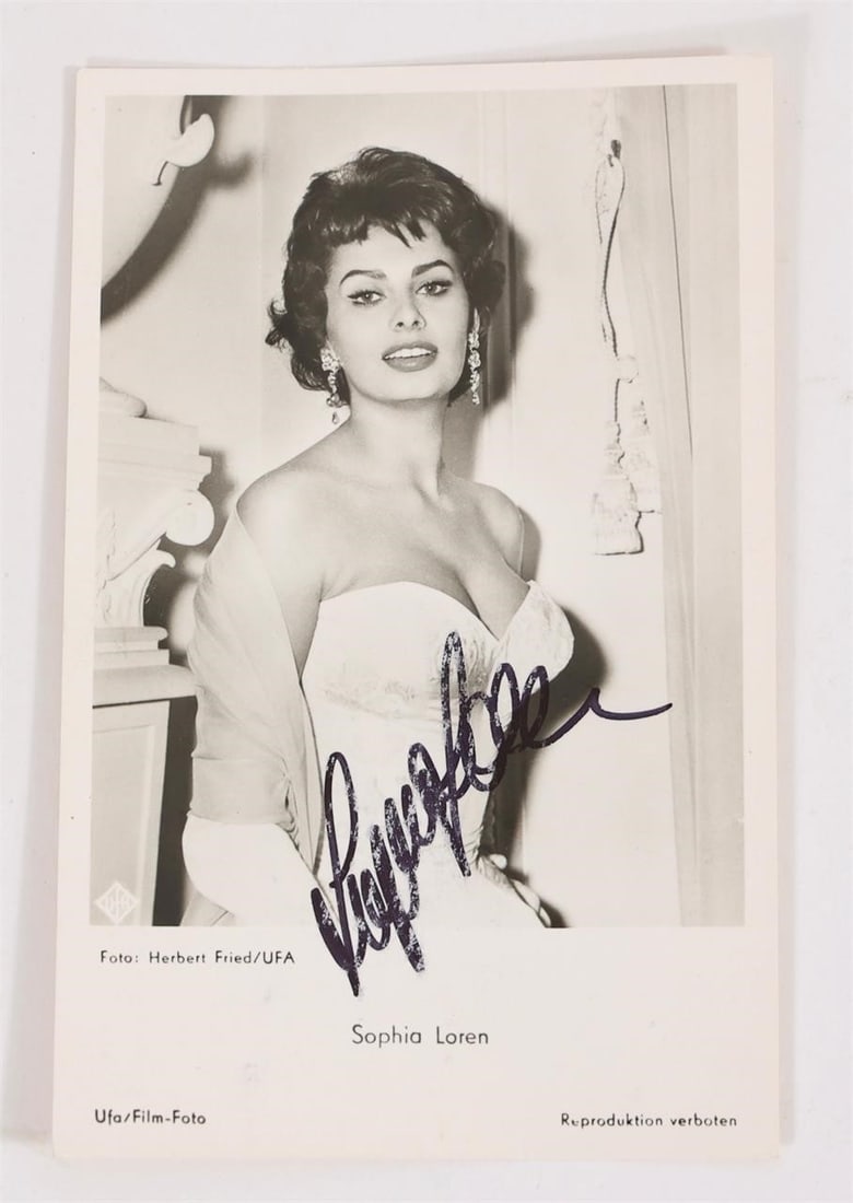 Sophia Loren Signed UFA Postcard: SOPHIA LOREN(Italian film diva and screen legend)A very old, original film art postcard produced by Universum-Film AG Berlin (UFA), No. FK 3853, featuring a highly erotic image of Sophia Loren and