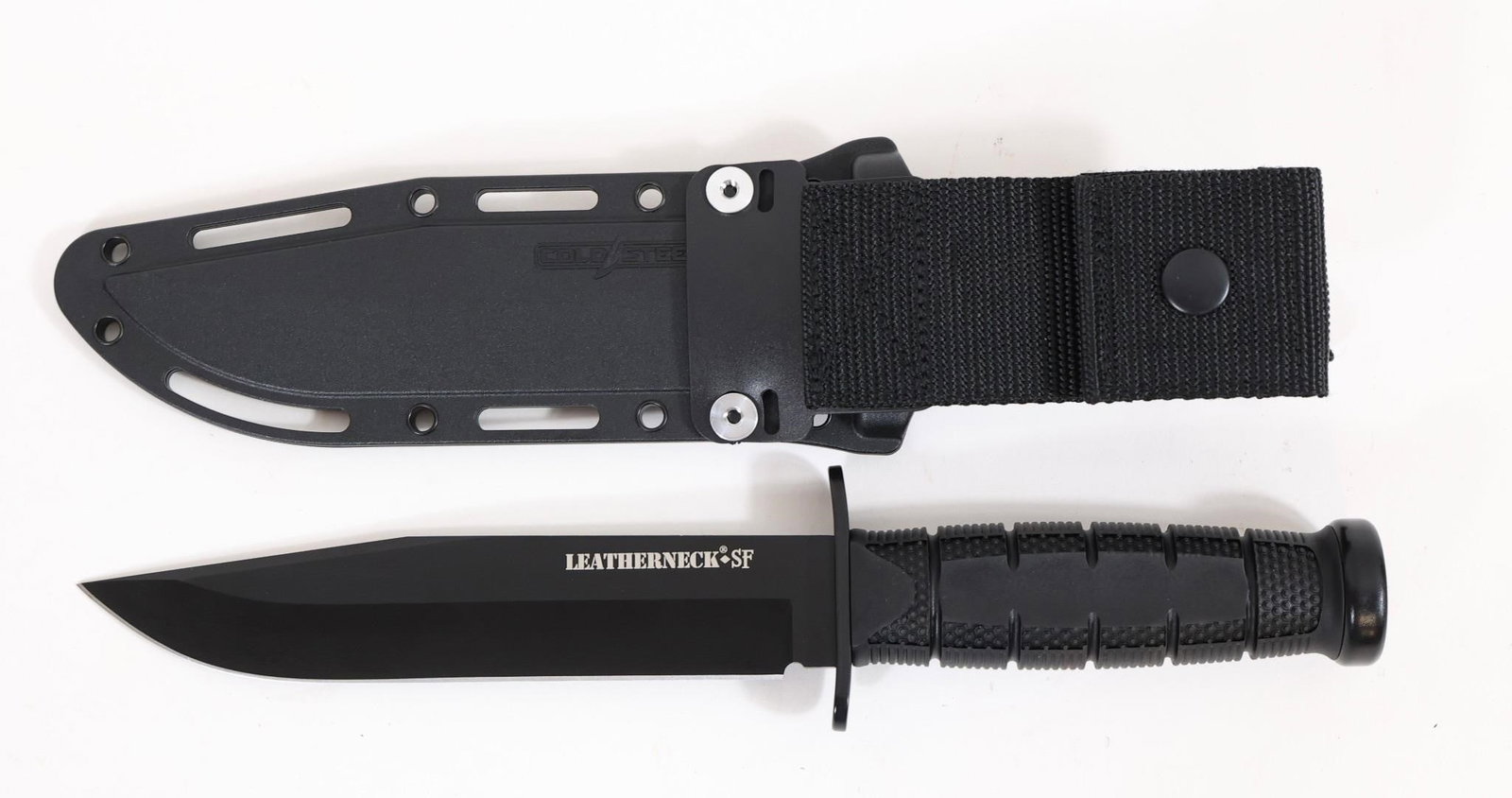Cold Steel Leatherneck Sf Black 11.75in Knife: This knife is a rugged fixed blade built for duty and utility. It features a hand honed saber ground clip point blade forged from D2 tool steel and finished in a non reflective black powder coat for