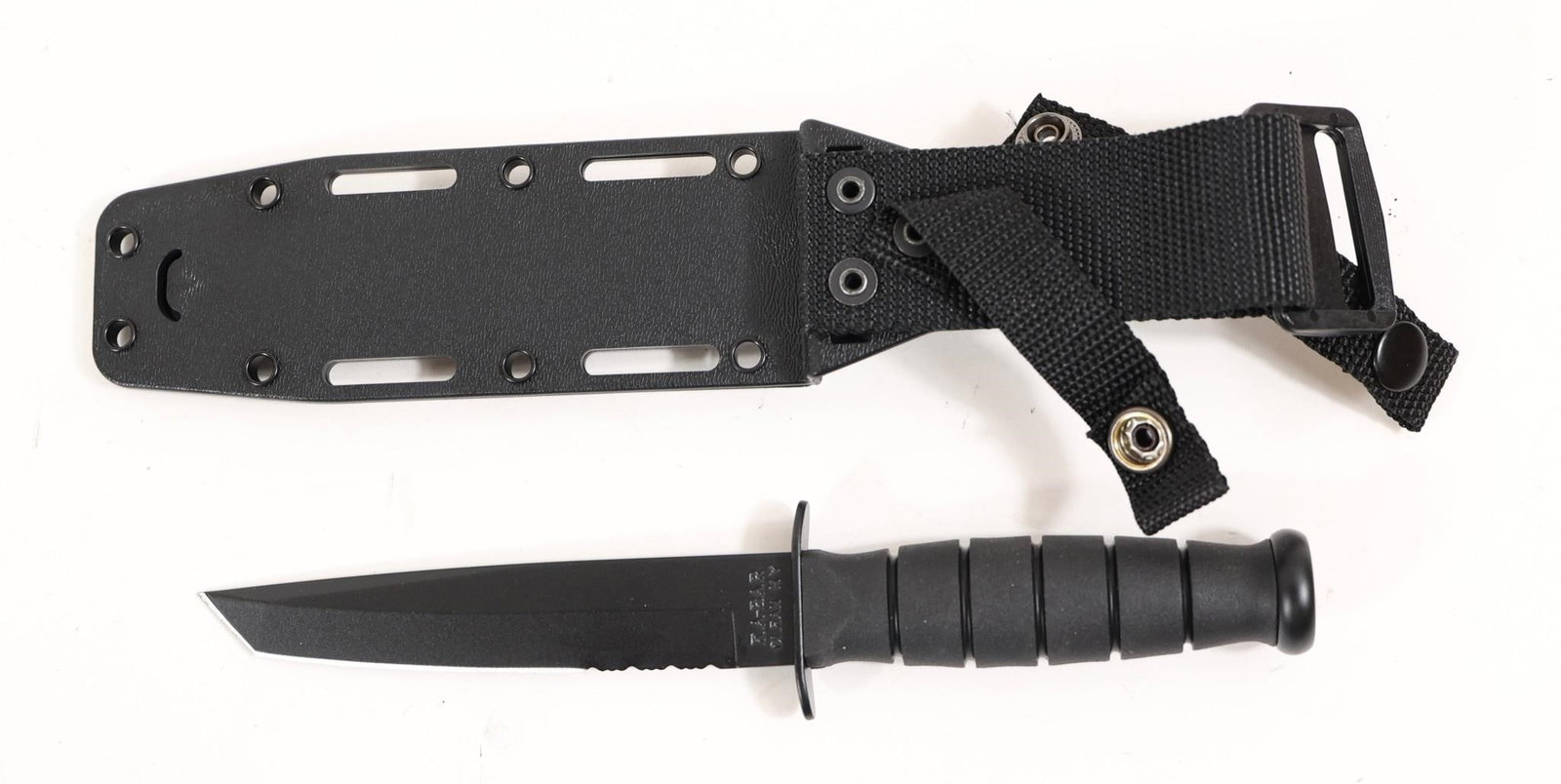 Ka-bar 1255 Short Tanto Black 9.37" Fixed Knife: This Ka-bar 1255 Short Tanto Black 9.37" Fixed Knife Is Designed For Heavy-duty Cutting Tasks, Featuring A 5-1/4-inch 1095 Cro-van Steel Blade With A 0.165-inch Thickness, Hollow Grind, And 20-degree