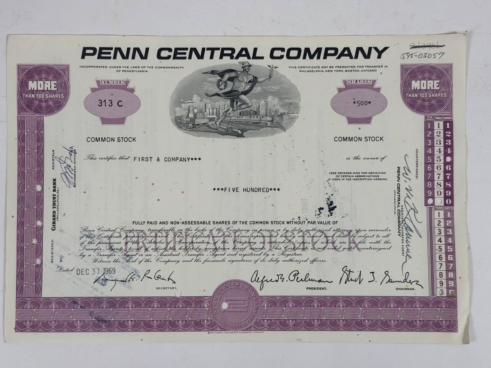 Penn Central Company Common Stock Certificate: Penn Central Company common stock certificate issued December 31, 1969. These certificates are popular historical collectibles, reflecting the company's significant yet short-lived history and its
