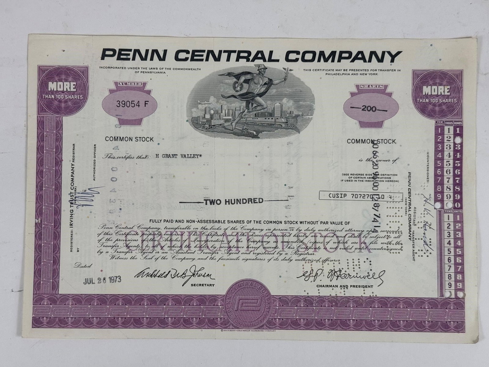 Penn Central Company Common Stock Certificate: Purple Penn Central Company common stock certificate dated July 28, 1973, representing two hundred (200) shares. Issued during the company's post-bankruptcy period, this certificate is collected for