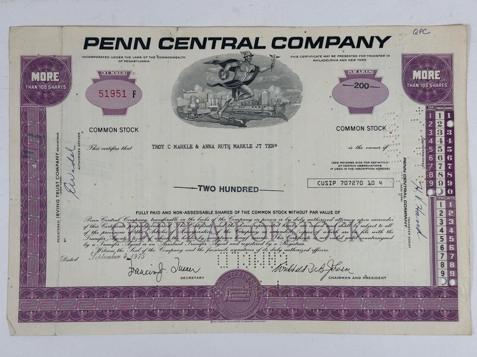 Penn Central Company Common Stock Certificate (1 of 2)