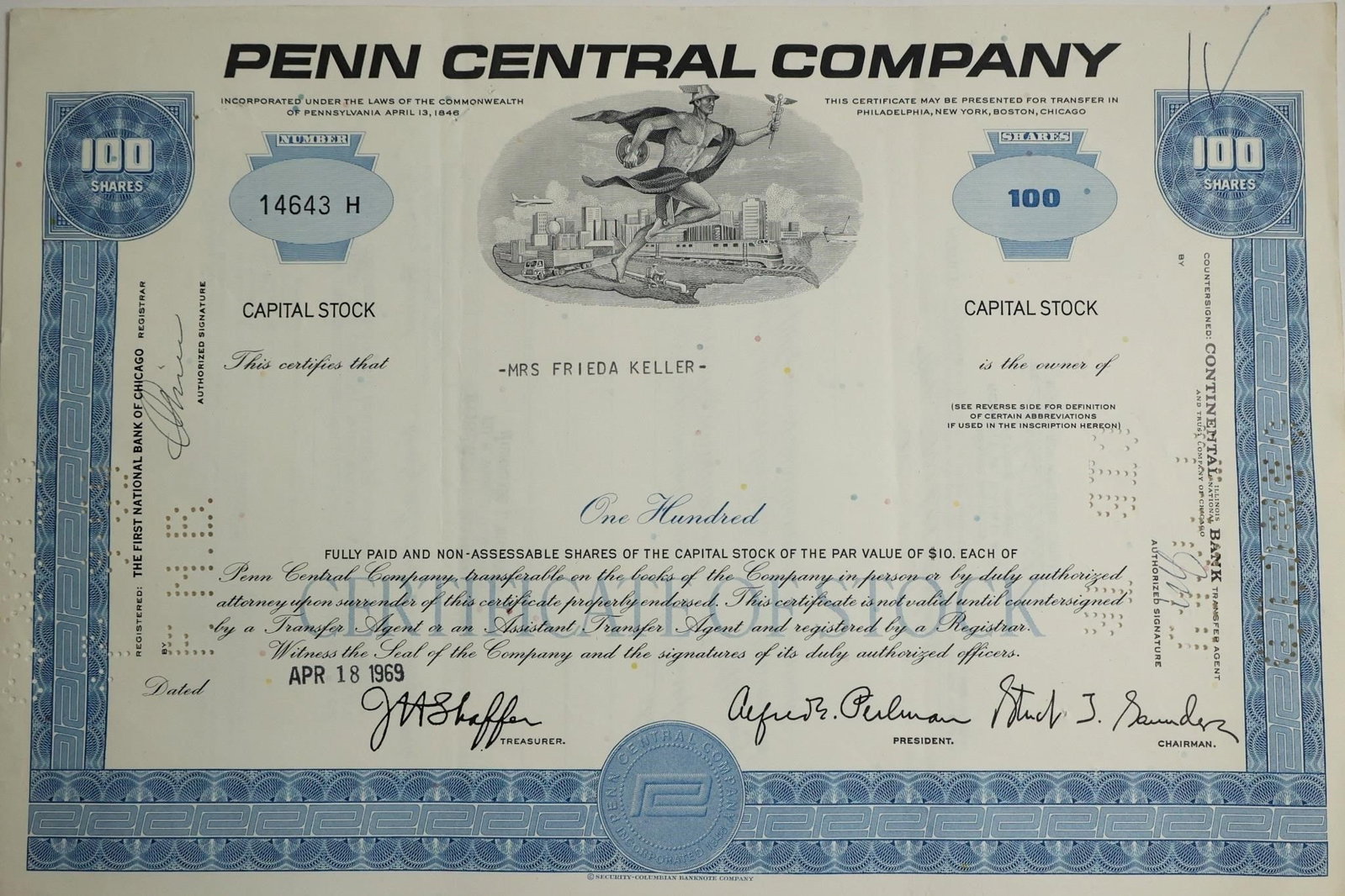 Penn Central Company Stock Certificate (1 of 2)