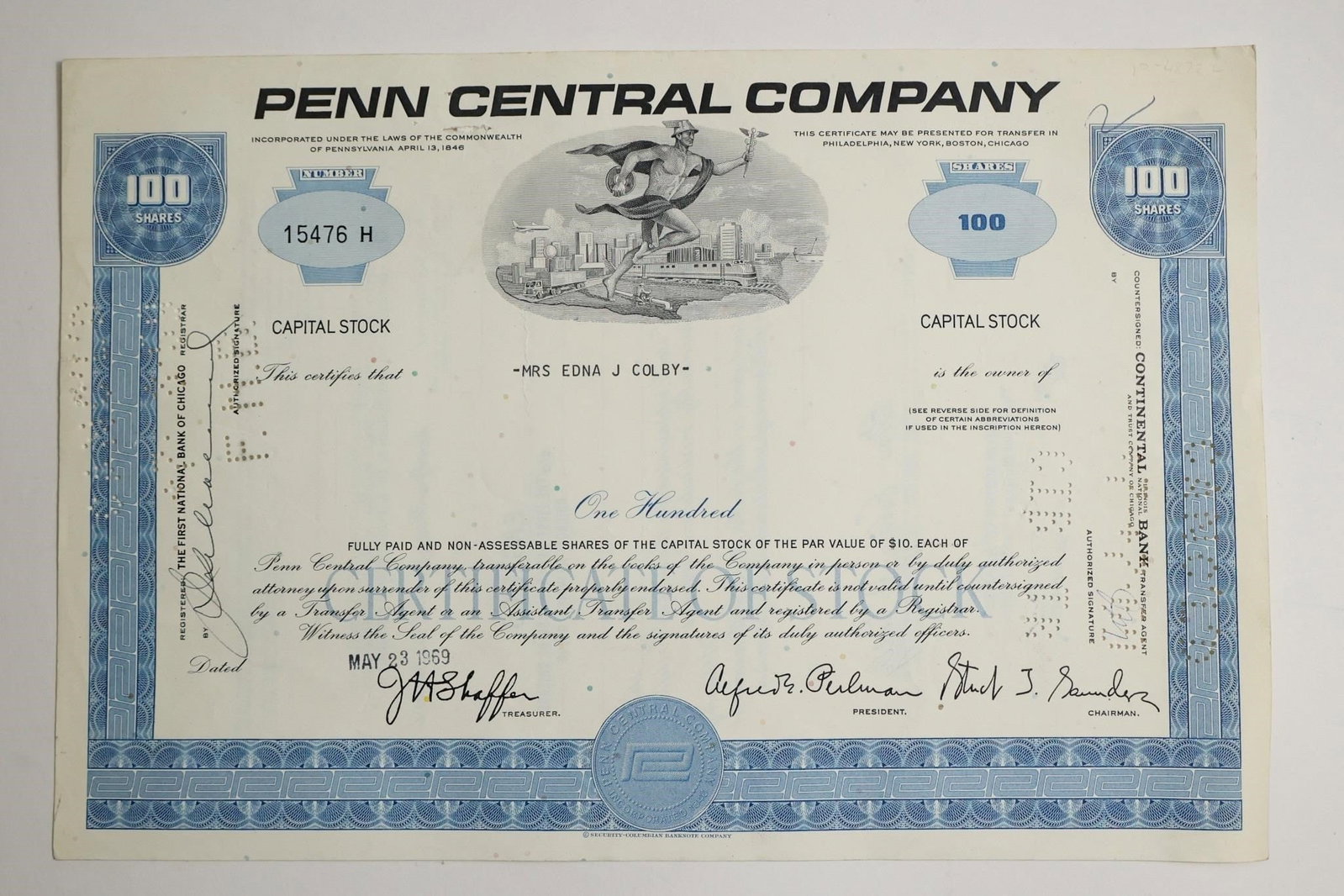 Penn Central Company Stock Certificate (1 of 2)