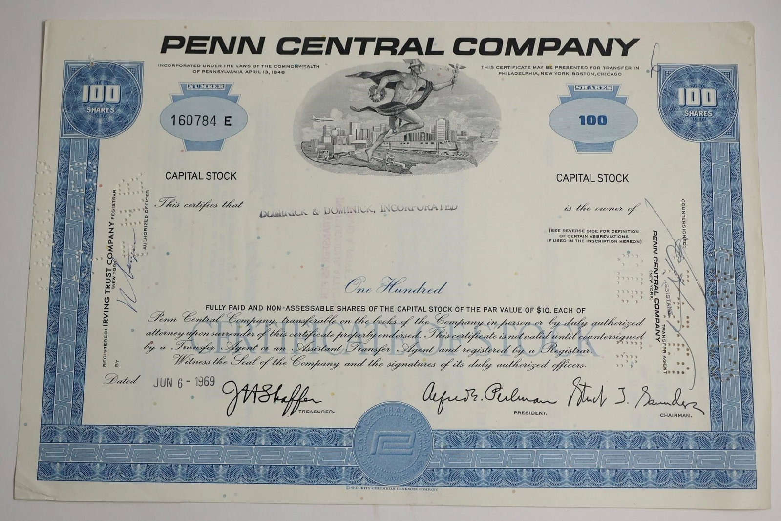 Penn Central Company Stock Certificate (1 of 2)