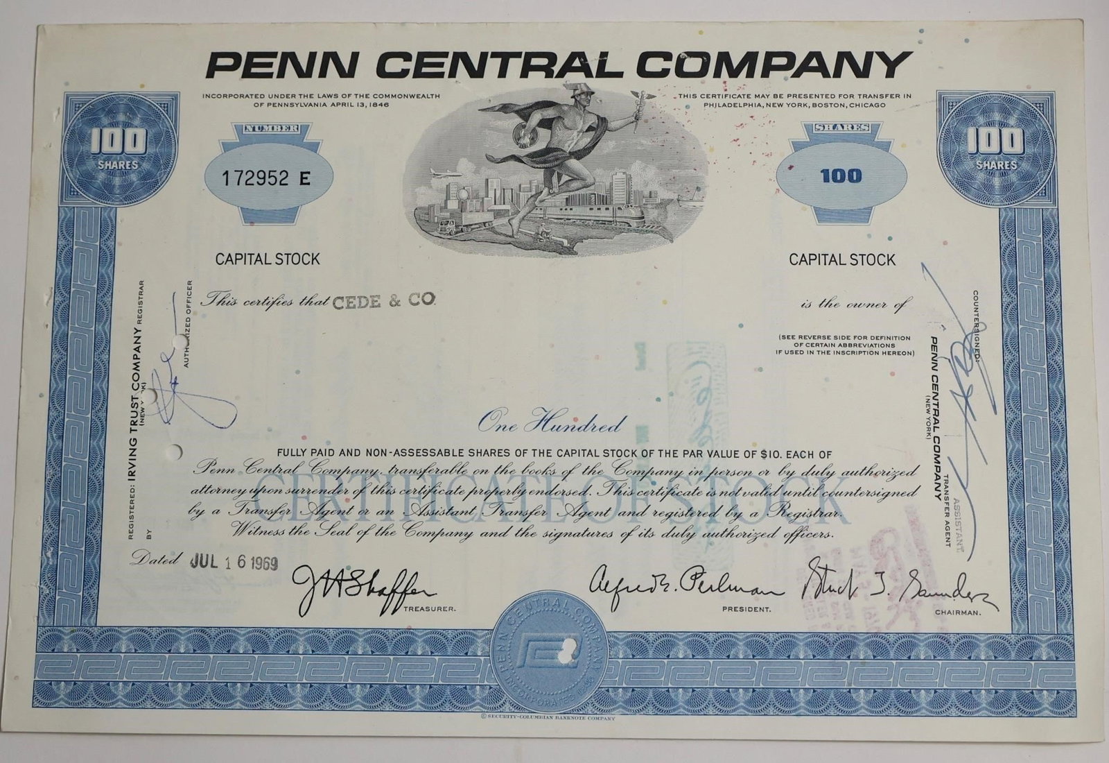 Penn Central Company 100-Share Stock Certificate (1 of 2)