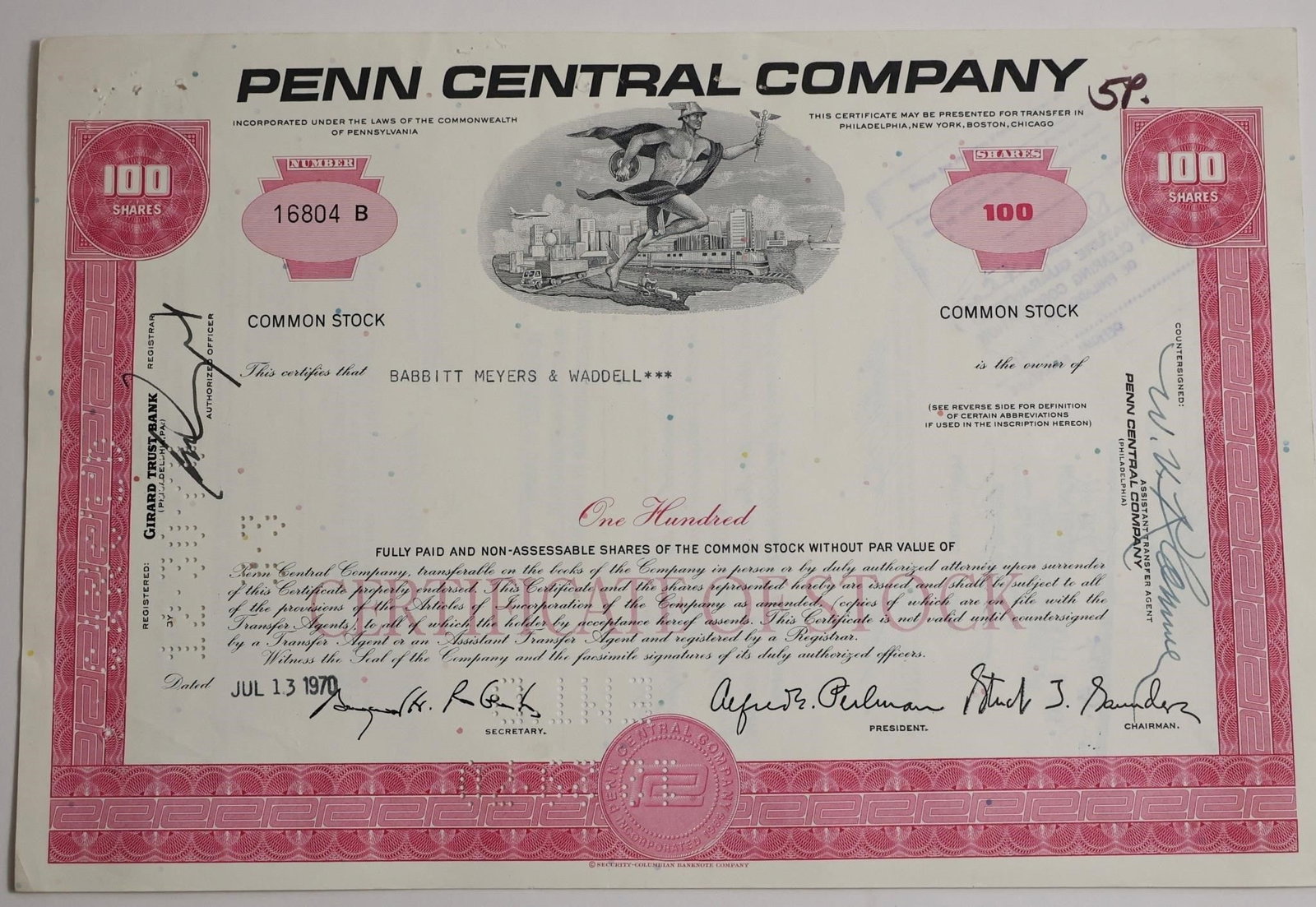 Penn Central Company Stock Certificate: A collectible stock certificate from the Penn Central Company, dated July 13, 1970. The certificate represents shares in the company formed by the 1968 merger of the Pennsylvania Railroad and New