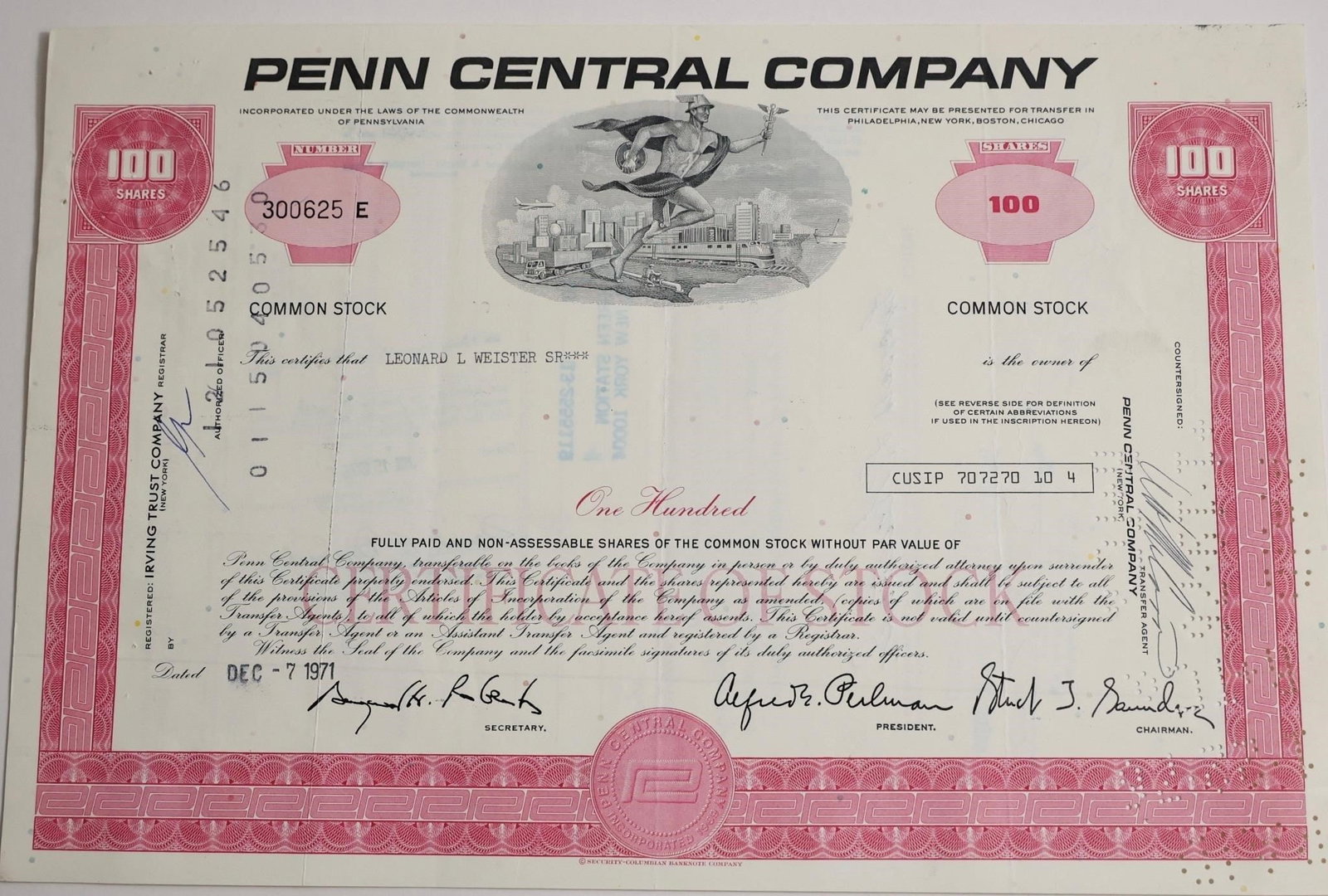 Penn Central Company 100-Share Stock Certificate: A collectible 100-share stock certificate from the Penn Central Company, issued on December 7, 1971, to Leonard I. Webster Sr., featuring classic engraved artwork and historical significance.