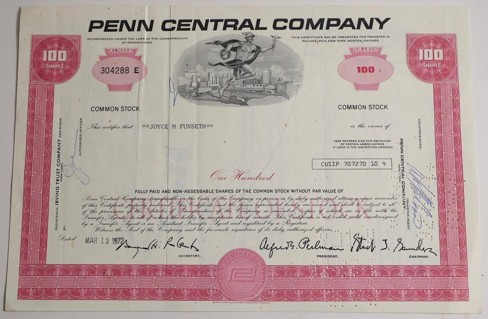 Penn Central Company Vintage Common Stock: A stock certificate from the Penn Central Company, valued today as a historical collectible rather than for stock ownership, featuring traditional engraved design and signatures.