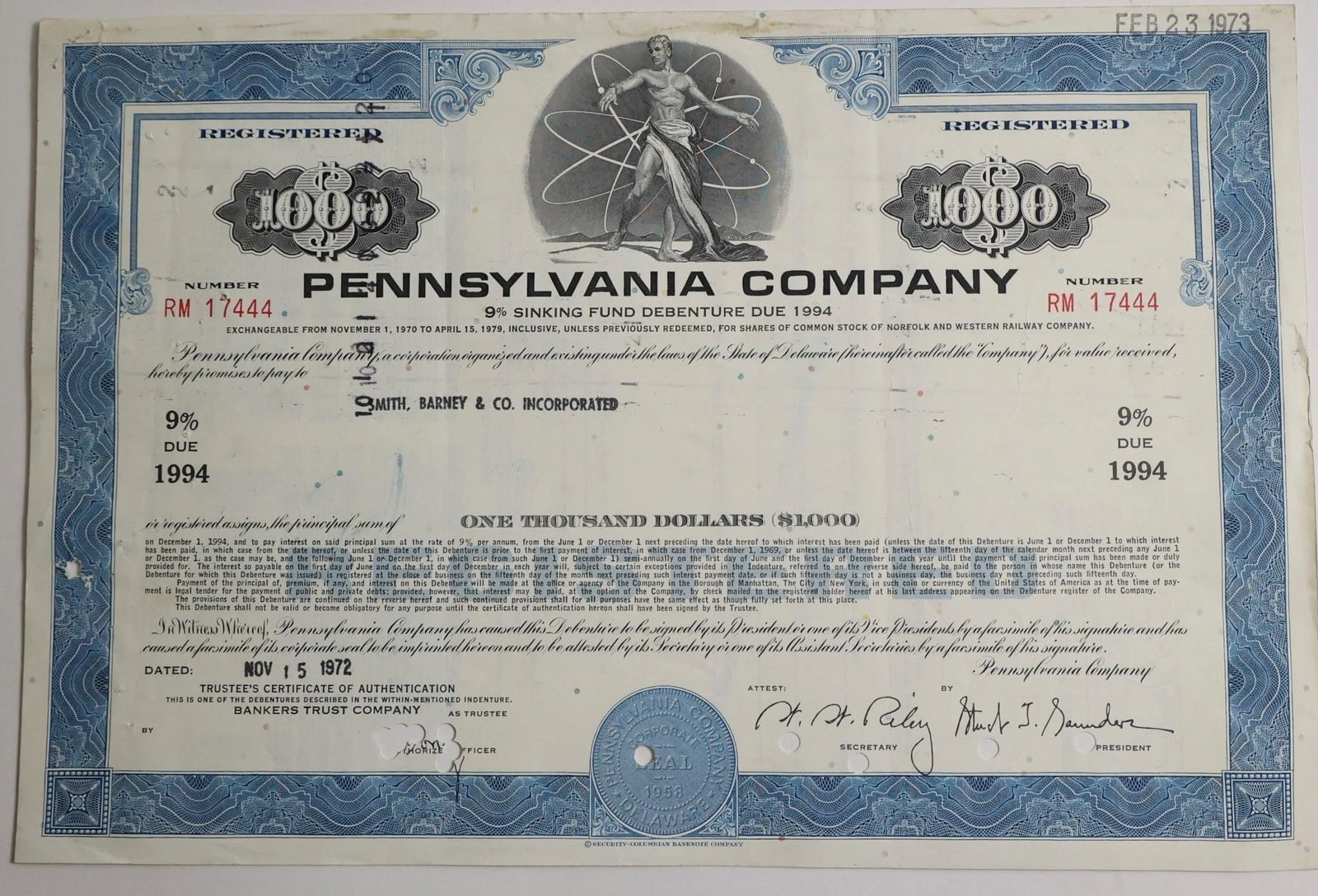 Pennsylvania Company $1,000 9% Sinking Fund: A collectible $1,000 9% Sinking Fund Debenture Certificate from the Pennsylvania Company, valued for its historical significance and engraving, and not representing any ownership or financial rights