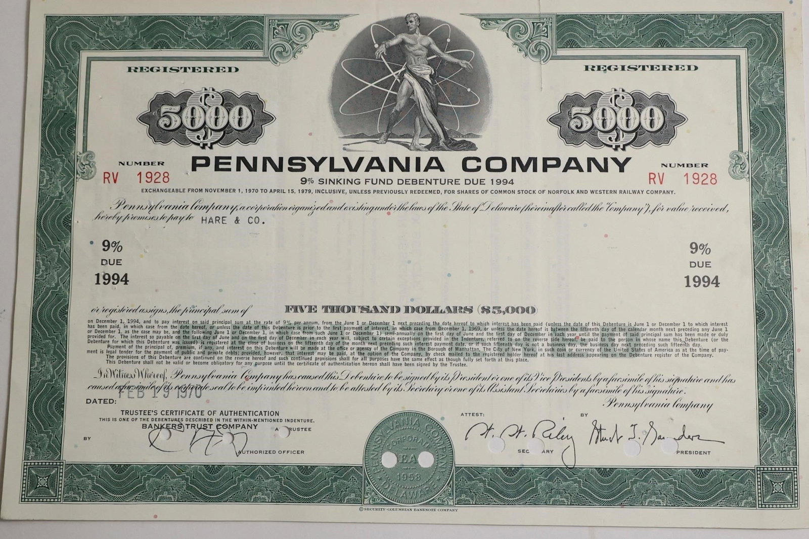 Pennsylvania Company $5,000 9% Sinking Fund: A $5,000 9% Sinking Fund Debenture bond certificate from the Pennsylvania Company, likely issued in 1970 or 1971 and due in 1994, valued today as a historical collectible.